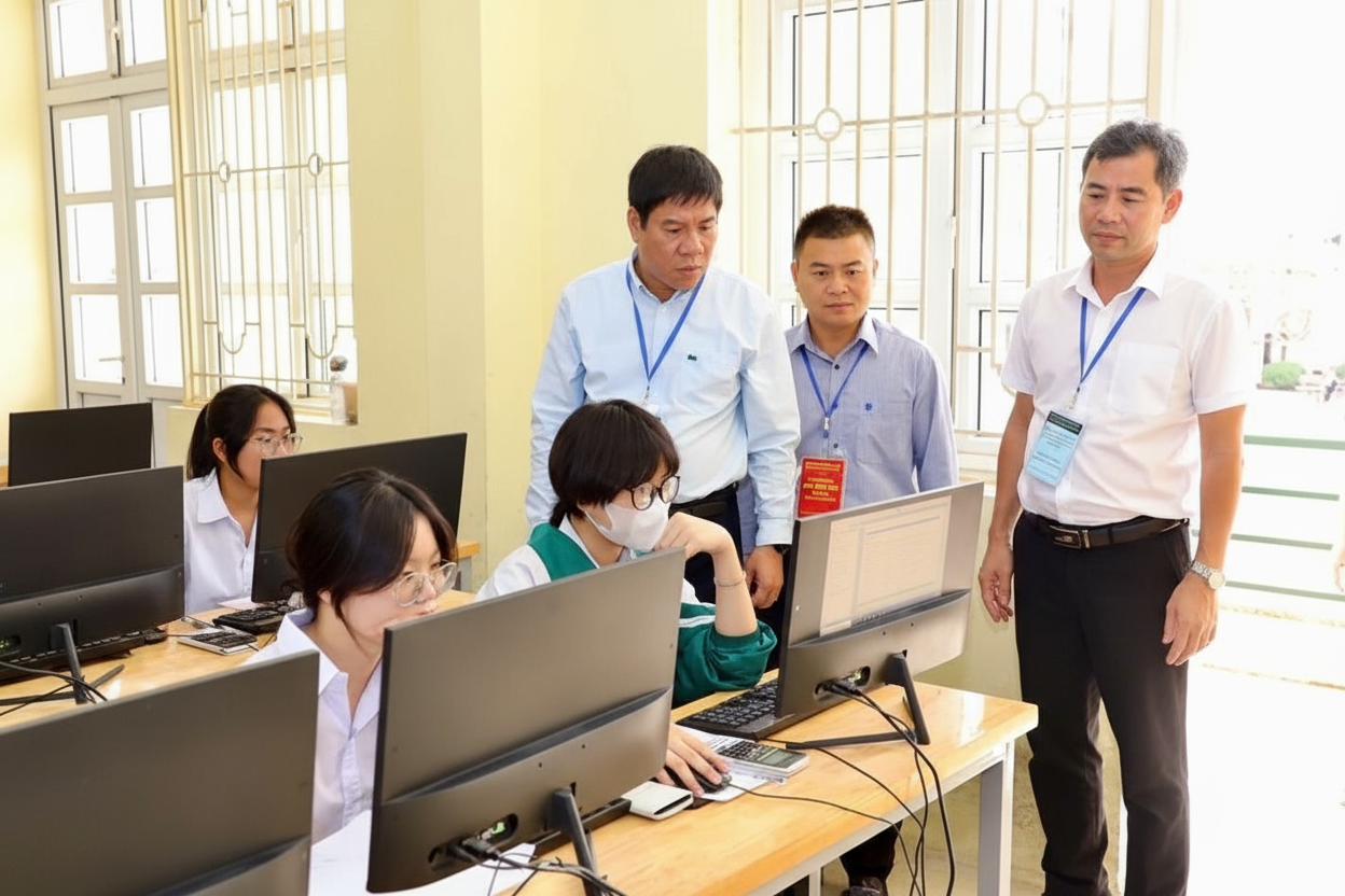 Cục trưởng Cục Quản lý chất lượng Huỳnh Văn Chương (bên trái) và Giám đốc Hà Xuân Thành (bên phải) động viên các em học sinh trước giờ khảo sát